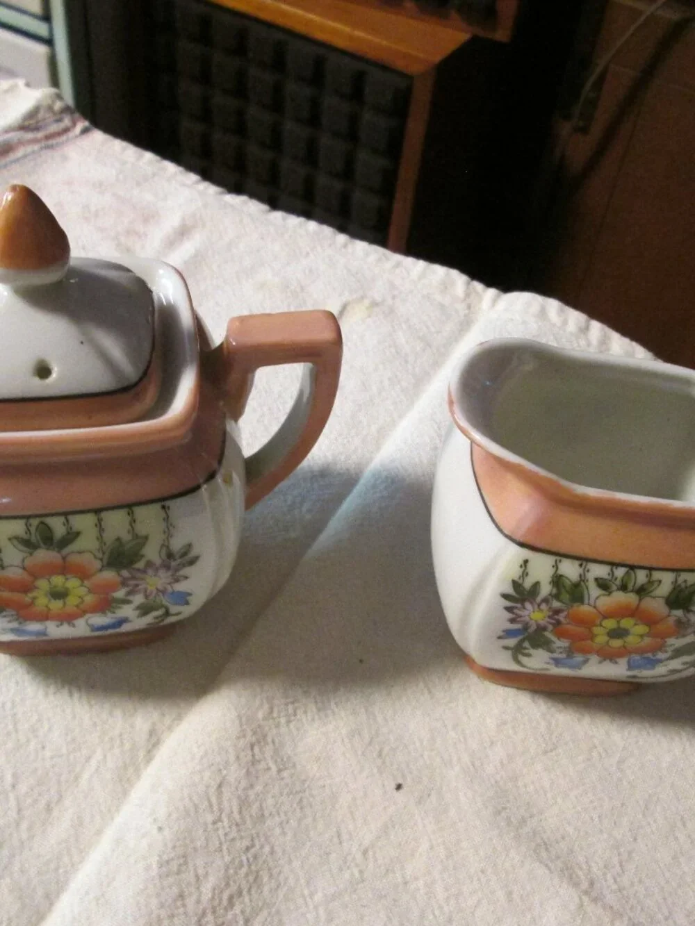occupied Japan cream sugar 3 pc set pink white floral china stunning set